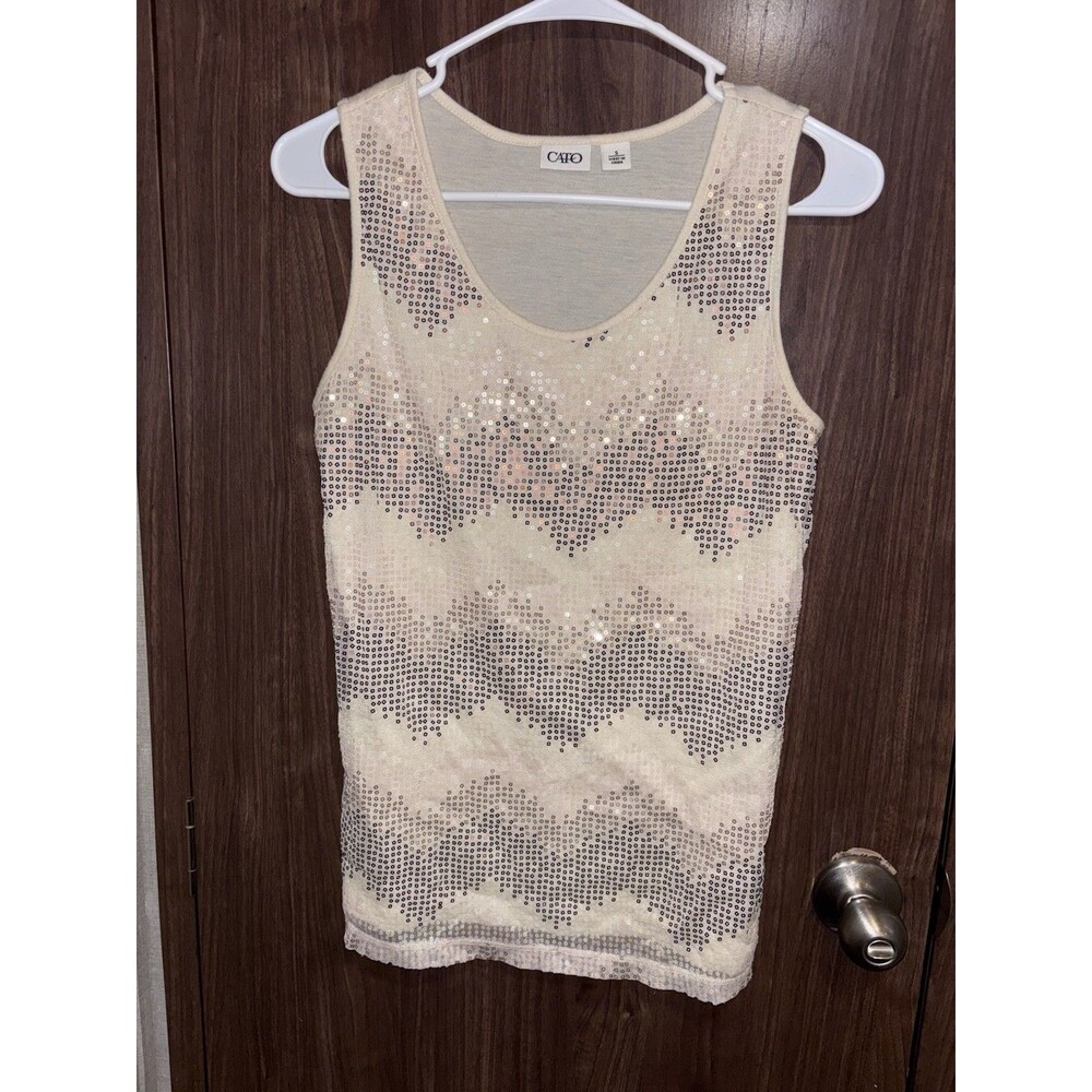 CATO Tank Top Ivory Silver Sequin Tank Size Small